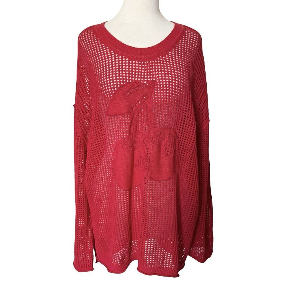 Torrid Womens Size 2X Open Stitch Crewneck Pullover Sweater Top Two Cherries Red